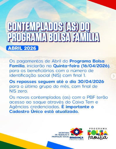 Pagamentos do Bolsa Família de abril começam dia 16 em Bragança