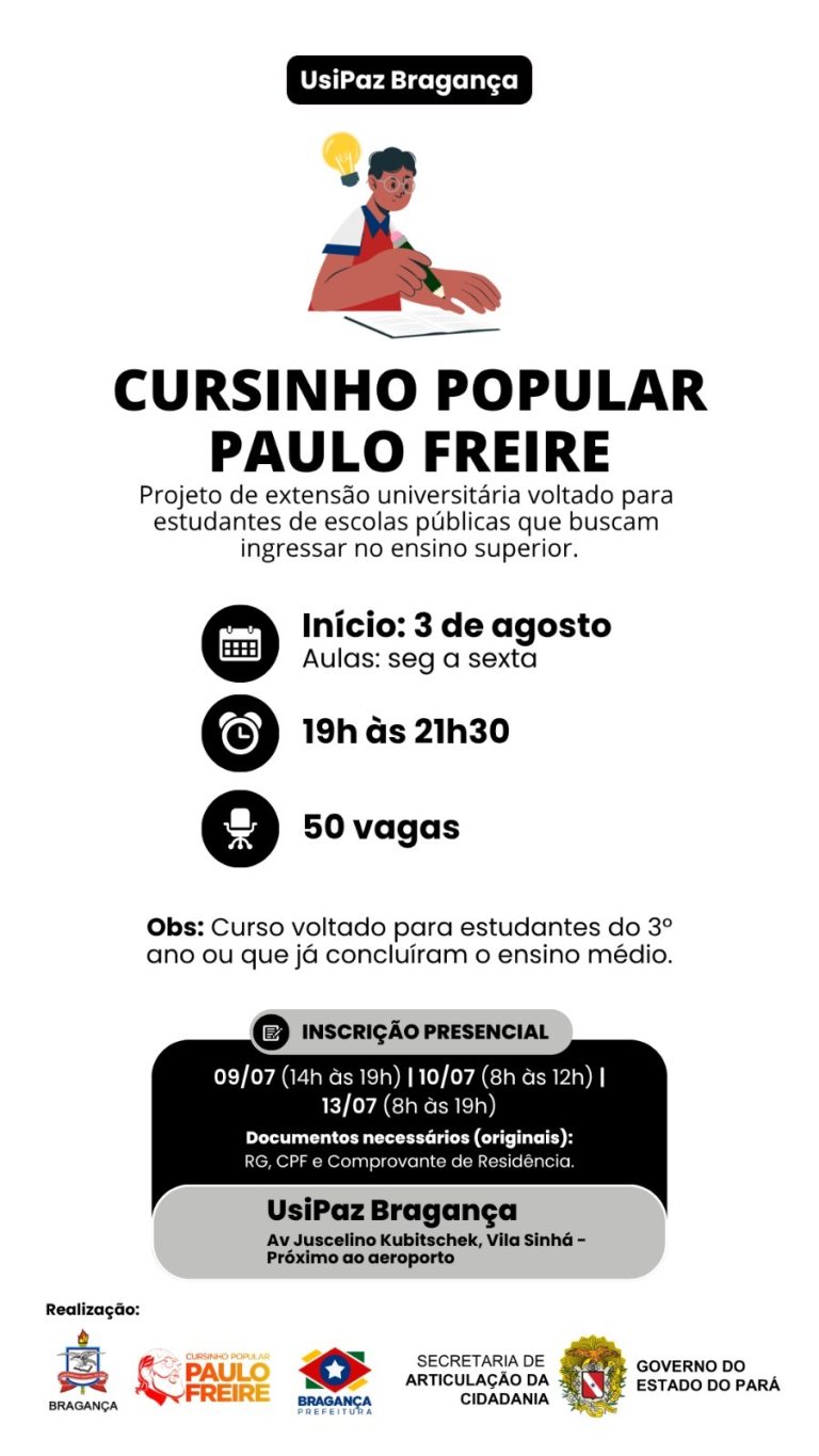 INSCRIÇÕES ABERTAS PARA O CURSINHO POPULAR PAULO FREIRE