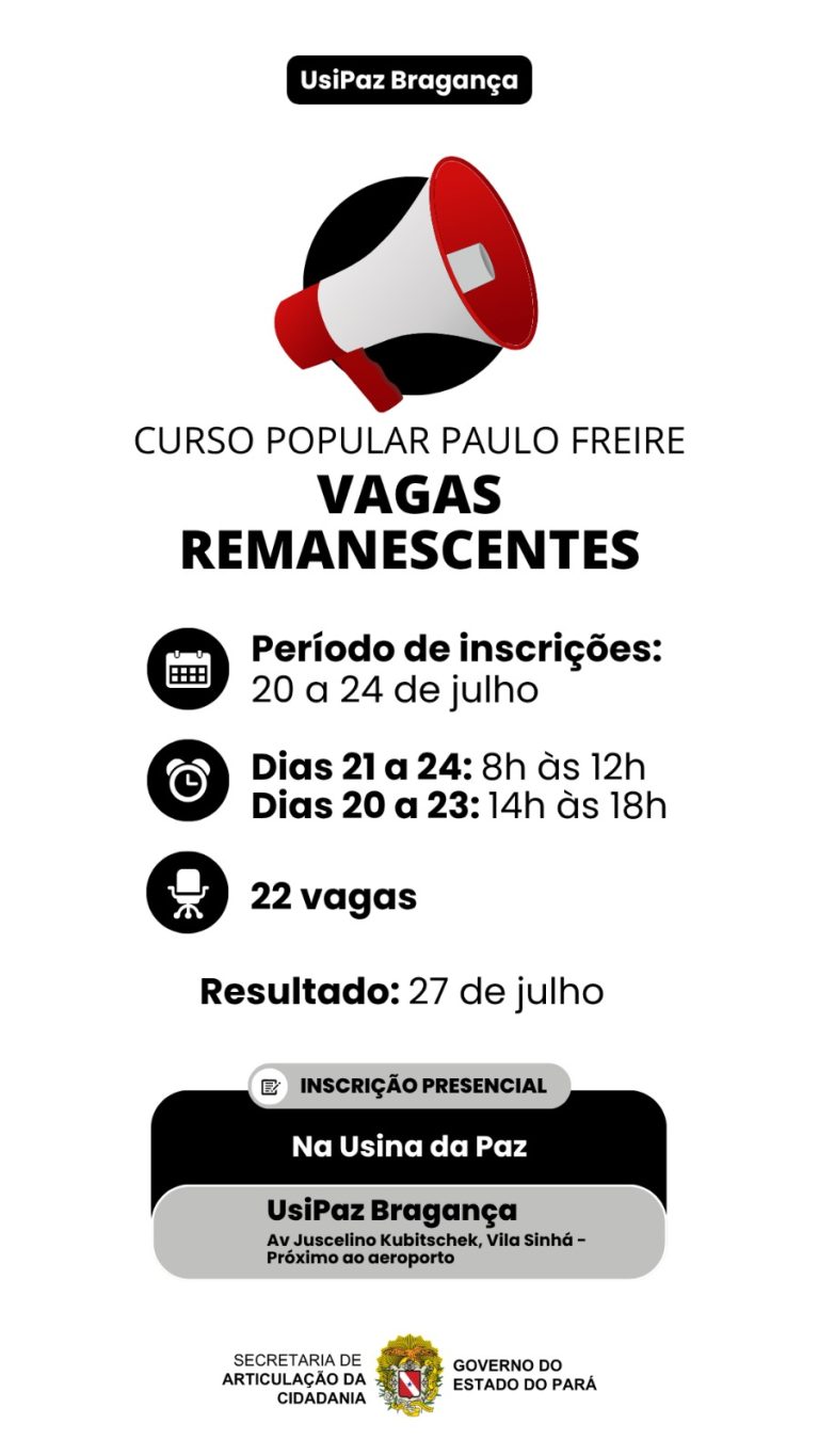 NOVA CHANCE PARA GARANTIR SUA VAGA NO CURSINHO POPULAR PAULO FREIRE!